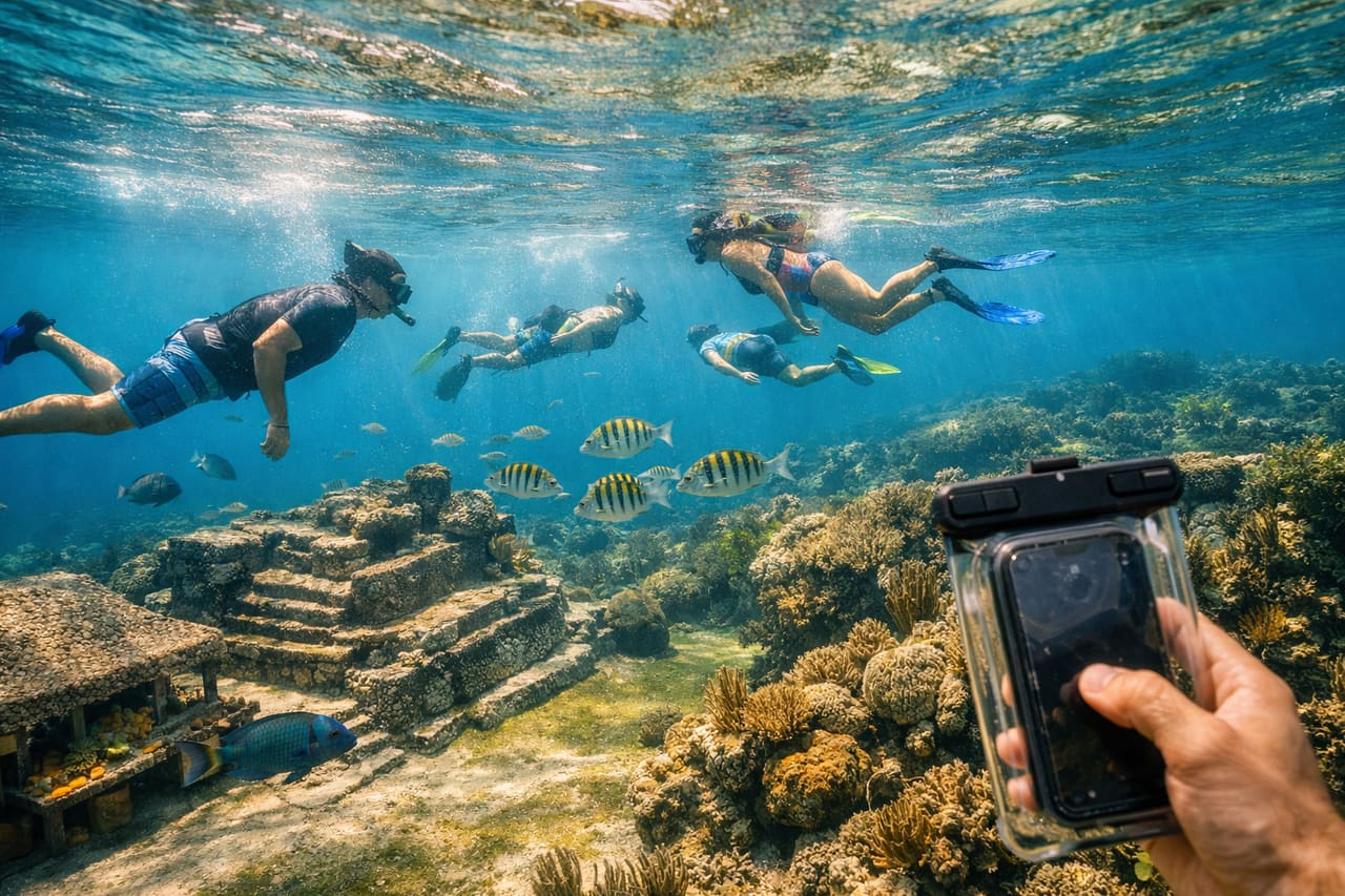 Snorkeling nella riserva di Hol Chan con pesci e coralli, turisti in acqua