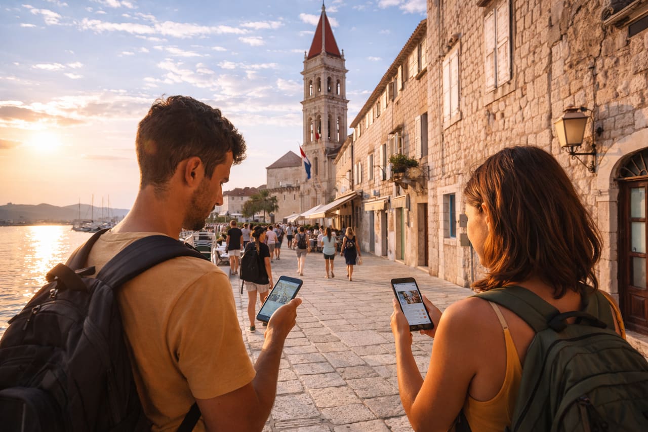 Touristen nutzen eSIM-Internet auf dem Smartphone beim Spaziergang durch die Altstadt von Trogir
