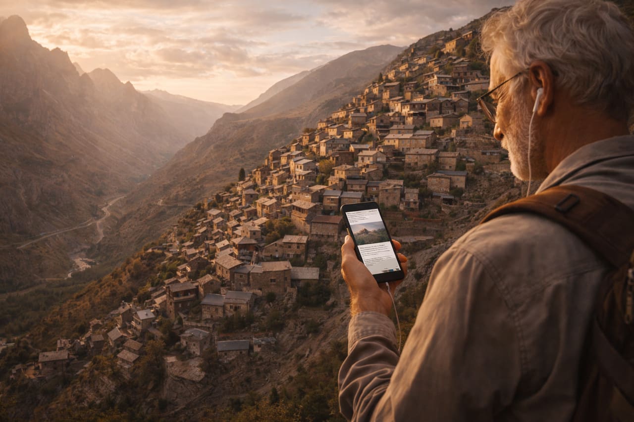 Vista panoramica di un villaggio di montagna con una cascata di case in pietra sul pendio; un viaggiatore anziano di profilo legge un articolo sullo smartphone, lo schermo è rivolto verso di lui, architettura e rilievi occupano la maggior parte dell’inquadratura.