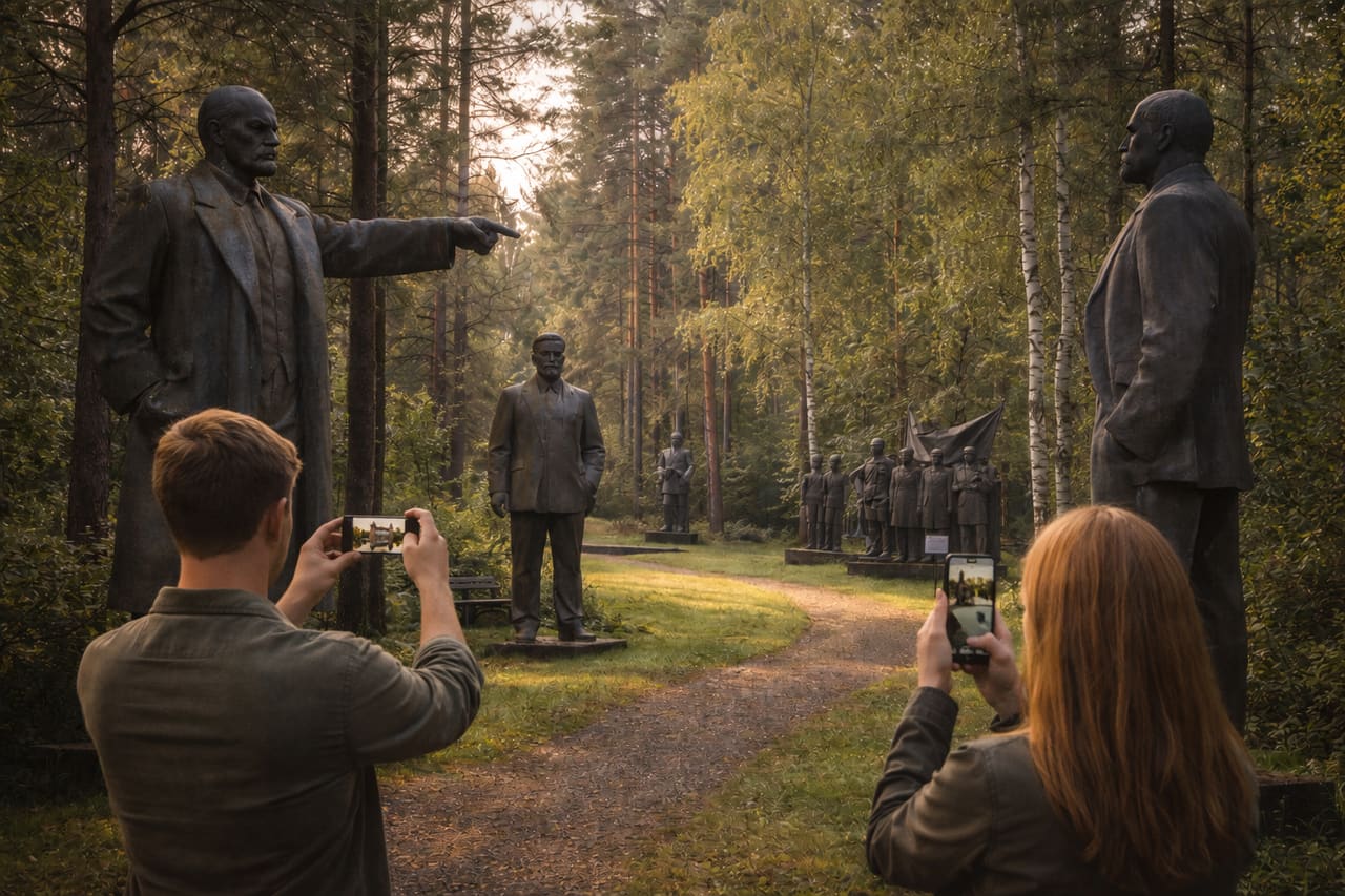 Museo di sculture sovietiche nel Parco Grūtas e turista con smartphone con eSIM attiva.