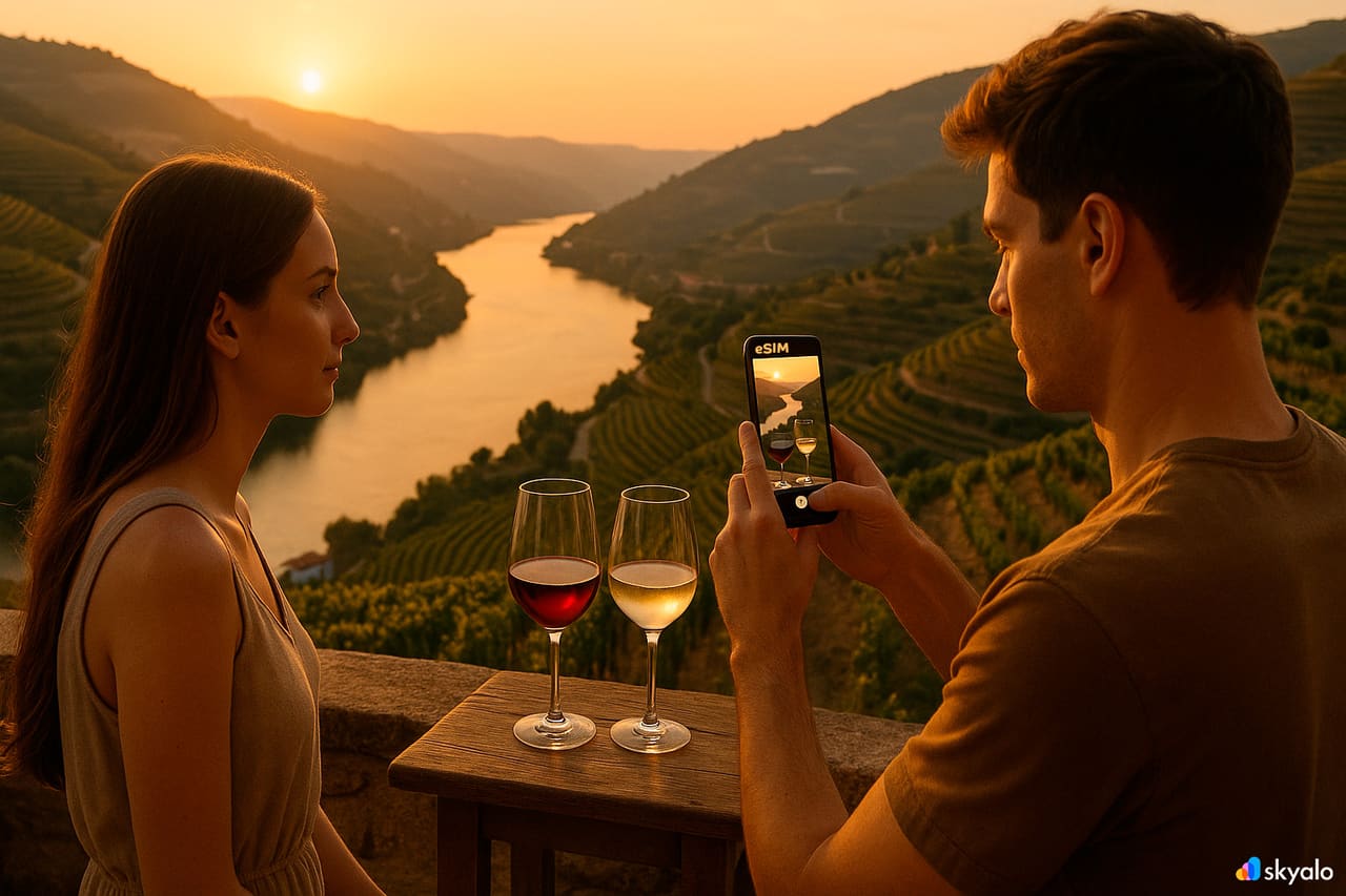 Coppia che fotografa le colline terrazzate del Douro; smartphone con eSIM Skyalo, sole basso e caldo