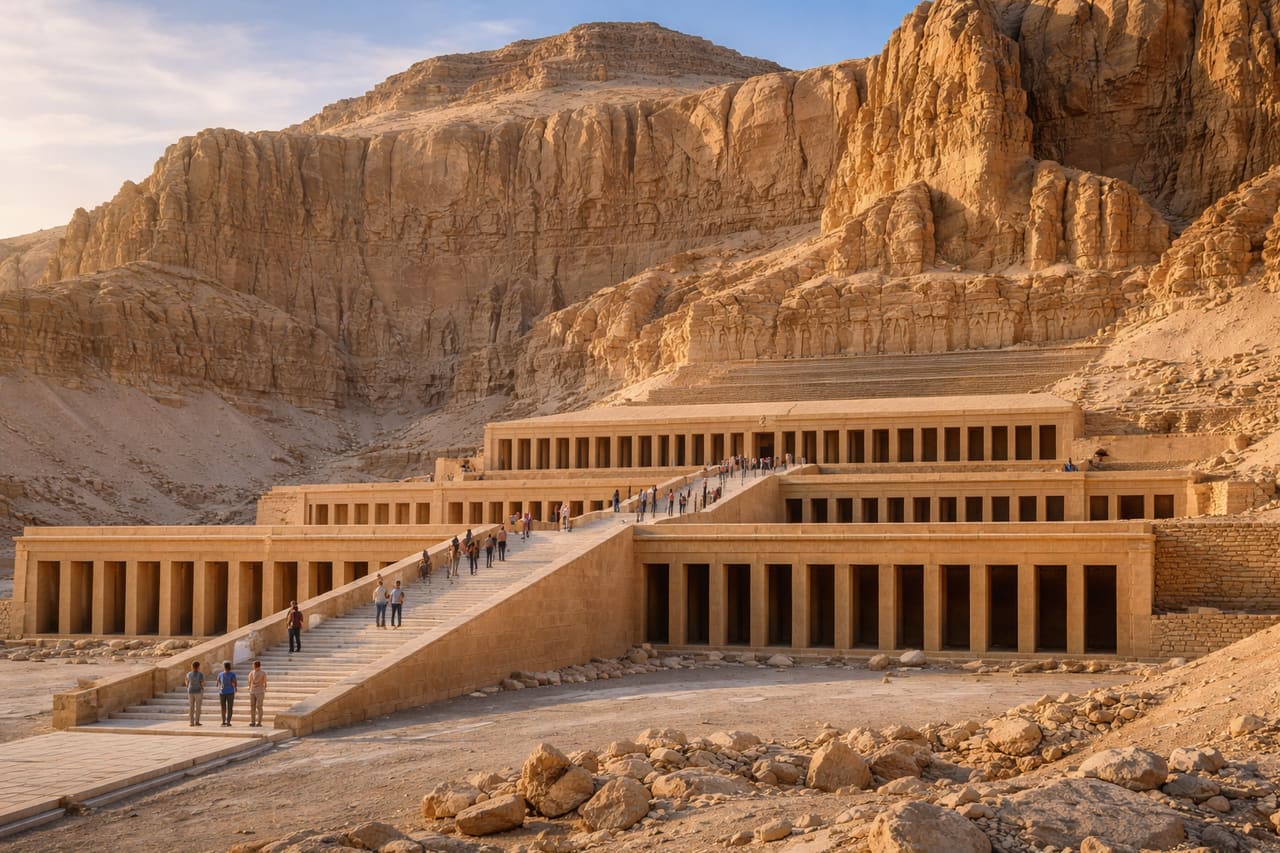Tempio della regina Hatshepsut presso le scogliere di Luxor e turisti sulle terrazze, viaggio in Egitto con internet eSIM