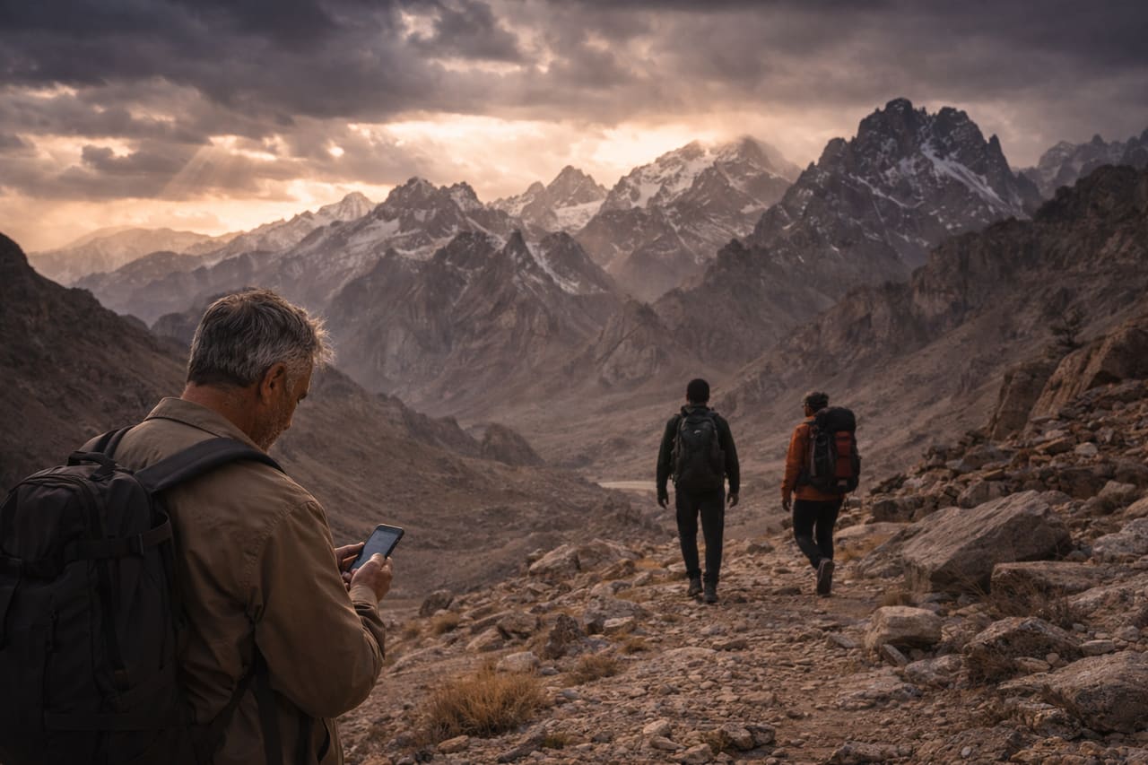 Monti Tora Bora e un turista con telefono