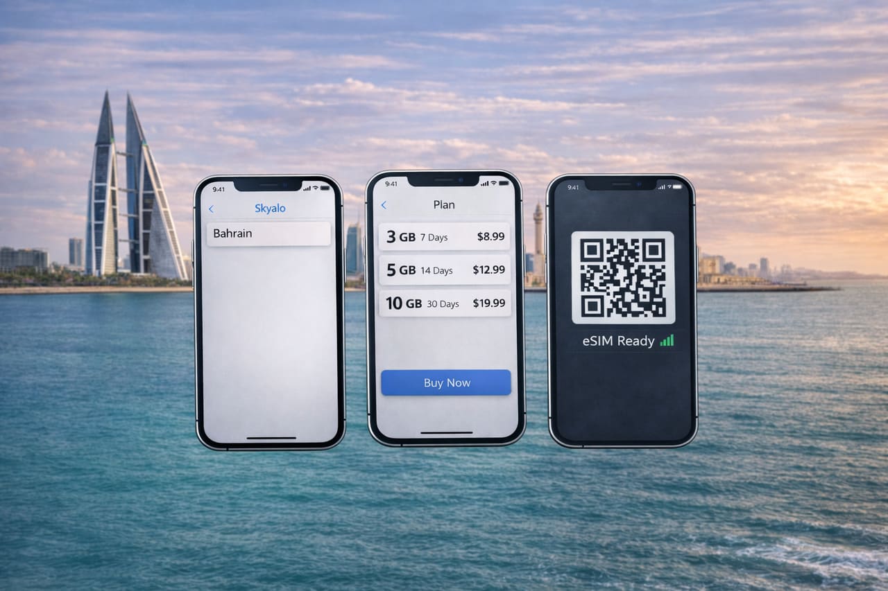 Три смартфона с eSIM для Бахрейна в приложении Skyalo, парящие над морем на фоне города