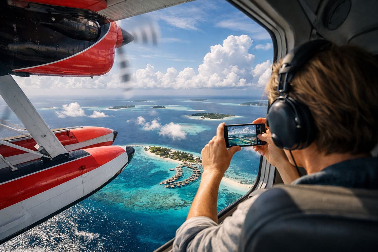 Idrovolante sopra gli atolli e passeggero che invia foto tramite eSIM
