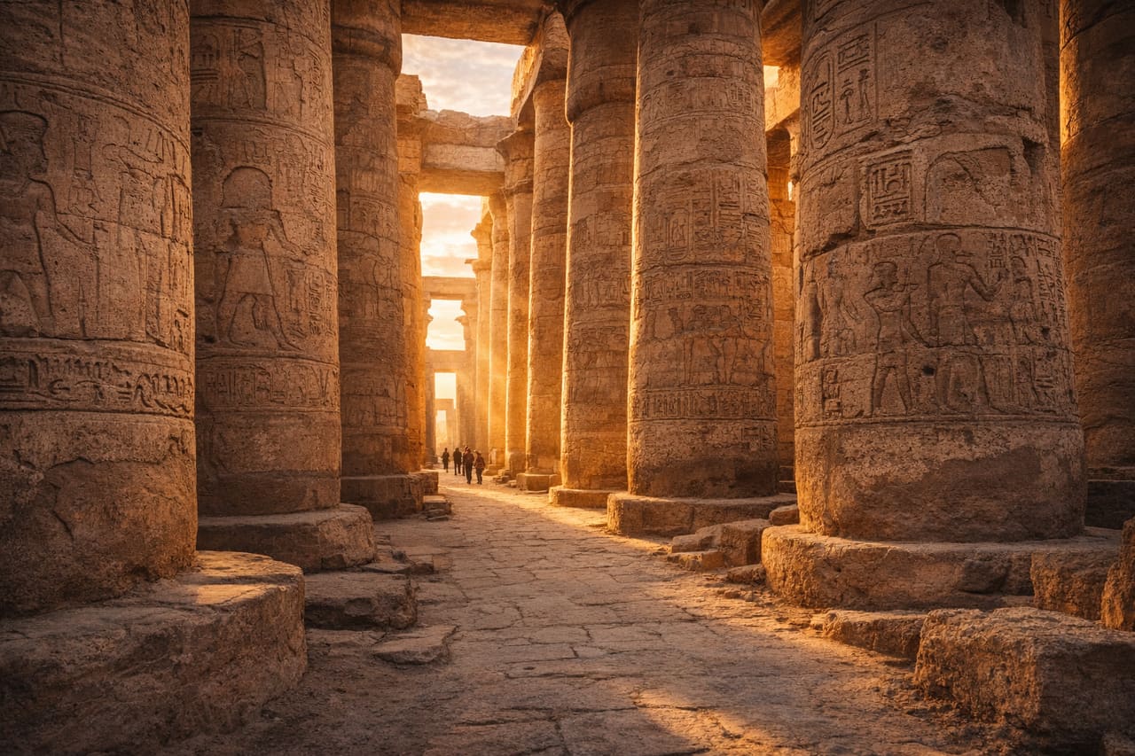 Colonne del Tempio di Karnak a Luxor e turisti tra le antiche colonne, viaggio in Egitto con eSIM