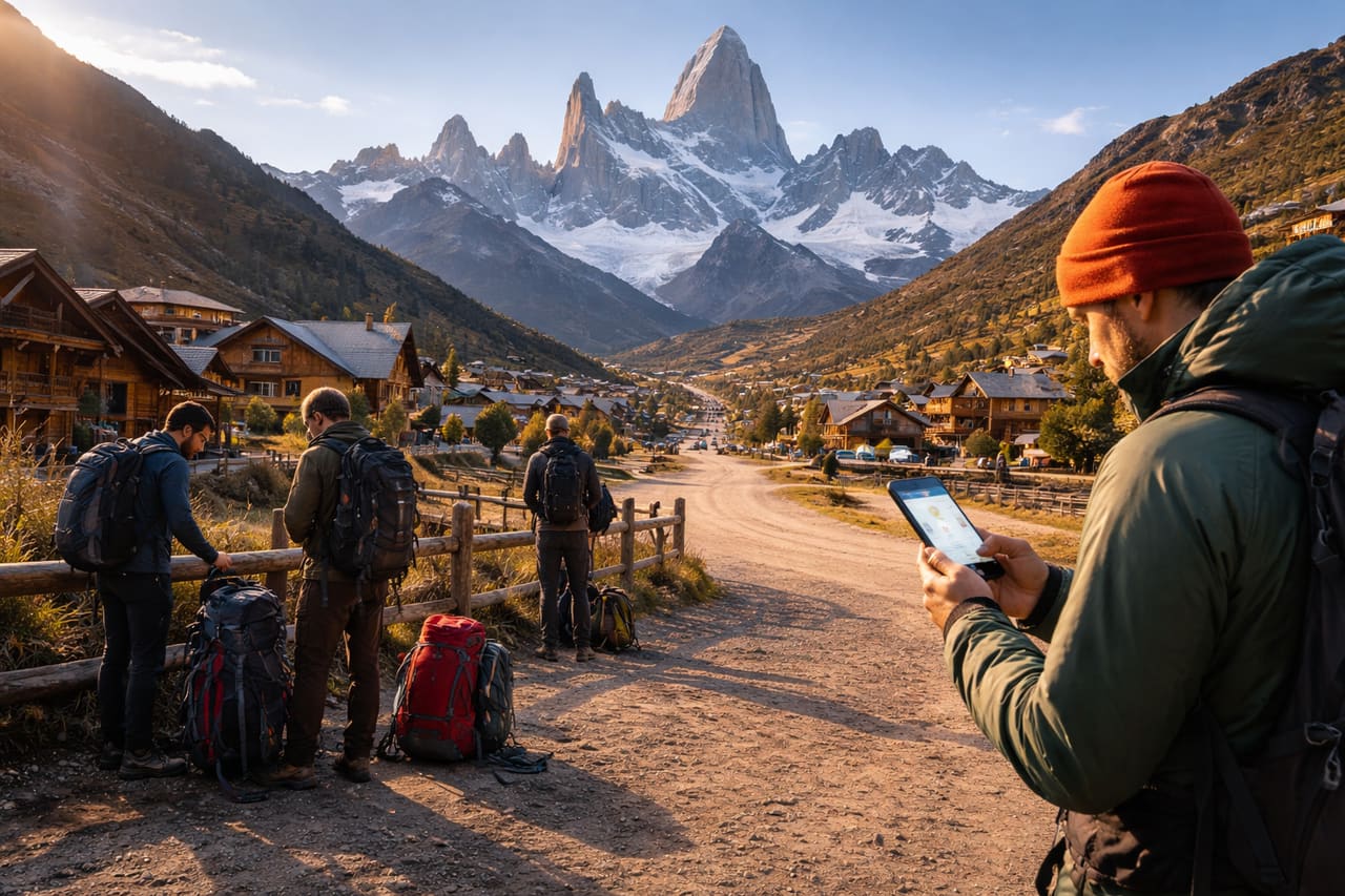 El Chaltén ai piedi del Fitz Roy e turisti che controllano meteo e itinerario sullo smartphone