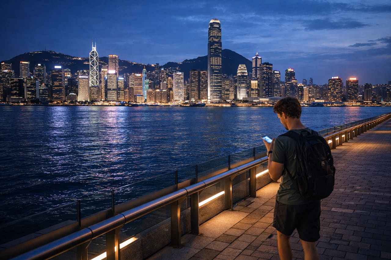 Lungomare di Victoria Harbour con il panorama dei grattacieli di Hong Kong.