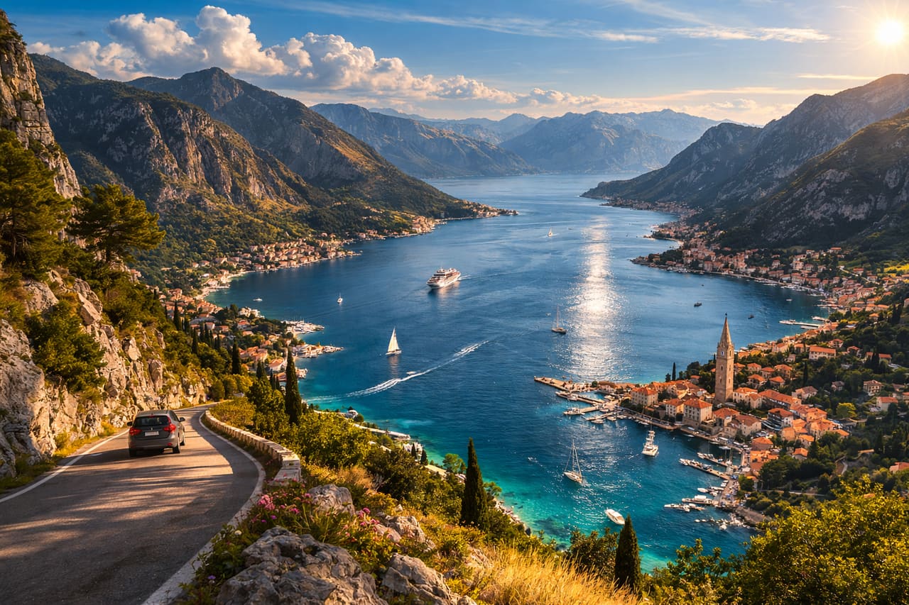 Panorama delle Bocche di Cattaro da una strada di montagna