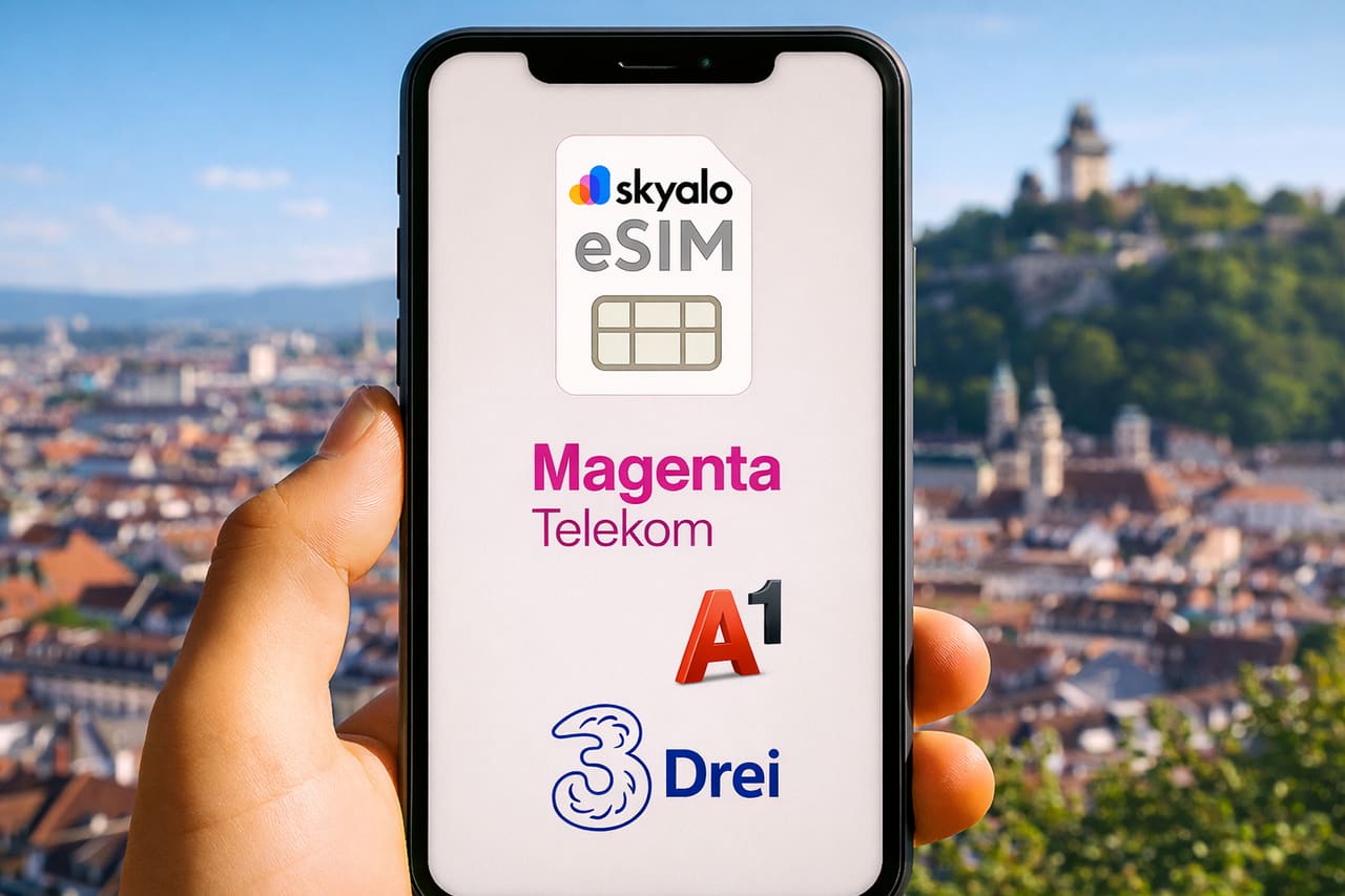 Uno smartphone con l’interfaccia Skyalo eSIM e i loghi di Magenta Telekom, A1 e Drei sullo sfondo della panoramica di Graz e della collina Schlossberg, una mano tiene il telefono in primo piano.