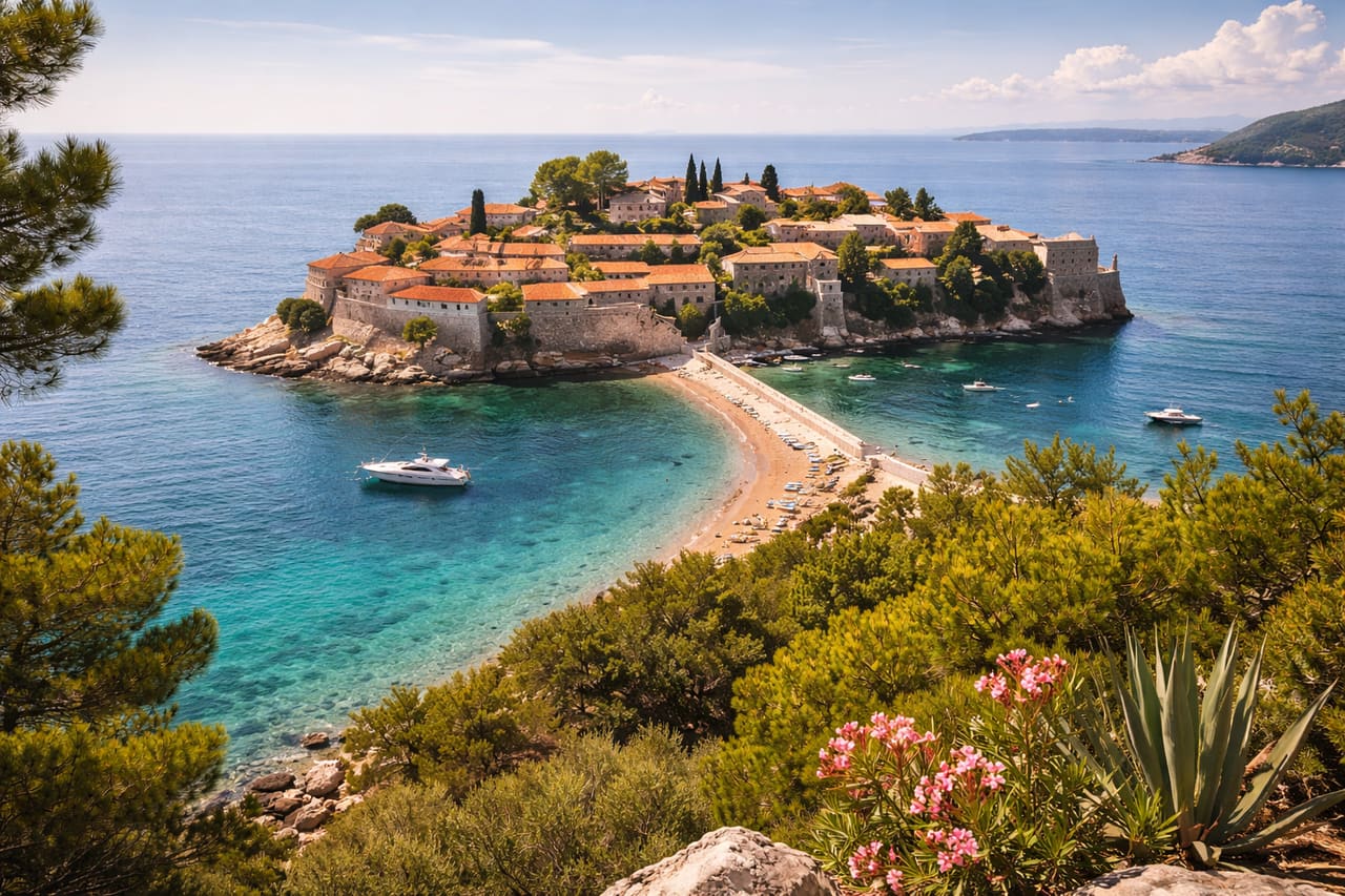 Isola di Sveti Stefan sullo sfondo del mare turchese