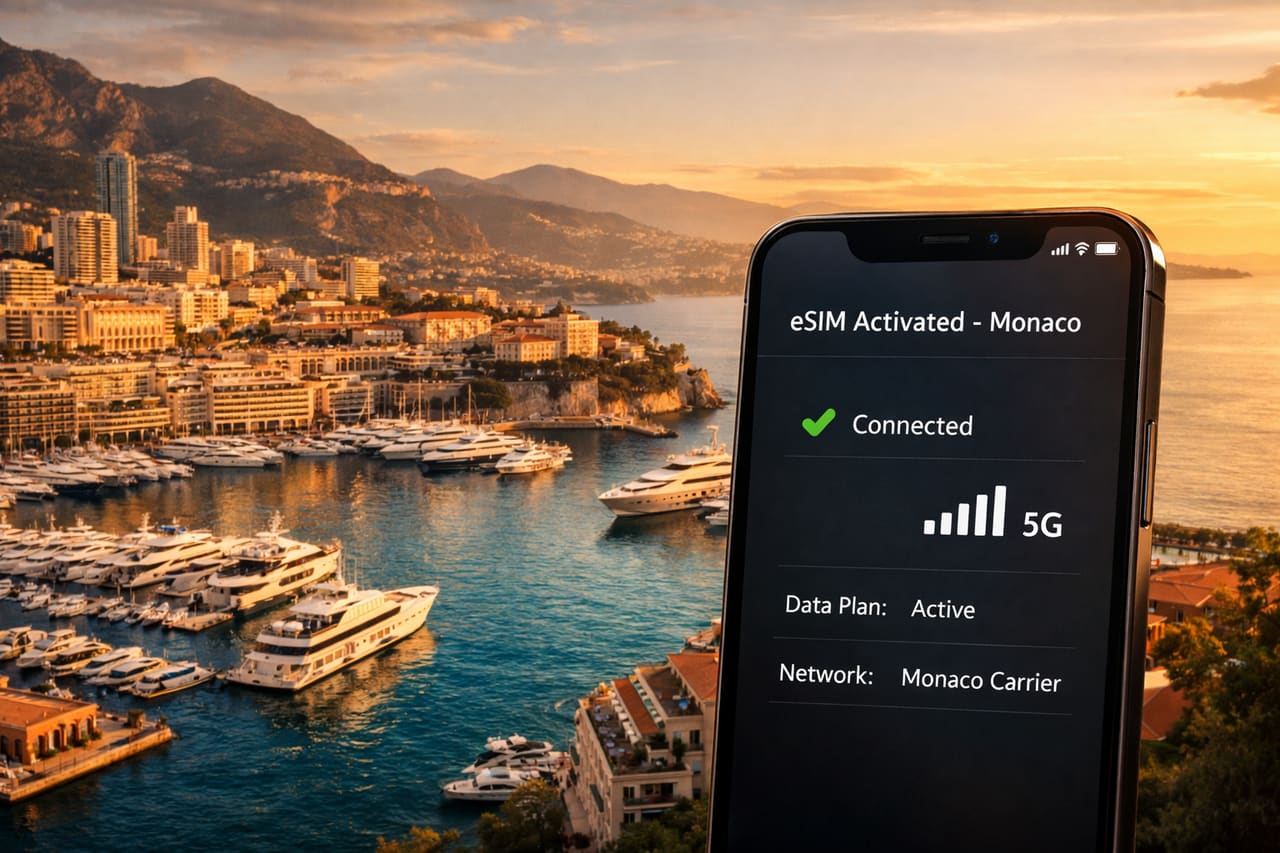 Uno smartphone con eSIM attiva sullo sfondo di Port Hercule e del panorama di Monaco
