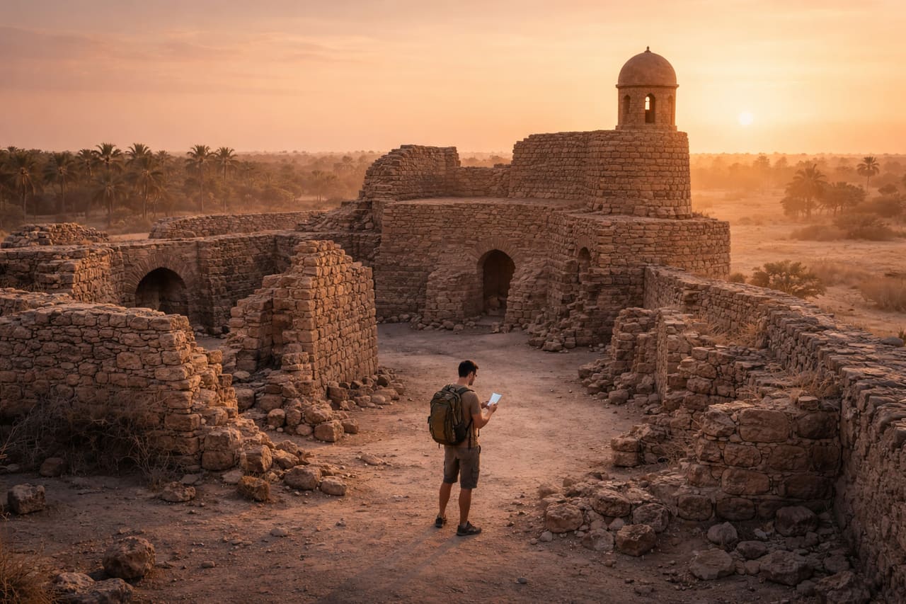 Путешественник использует смартфон для навигации среди руин крепости в Бахрейне