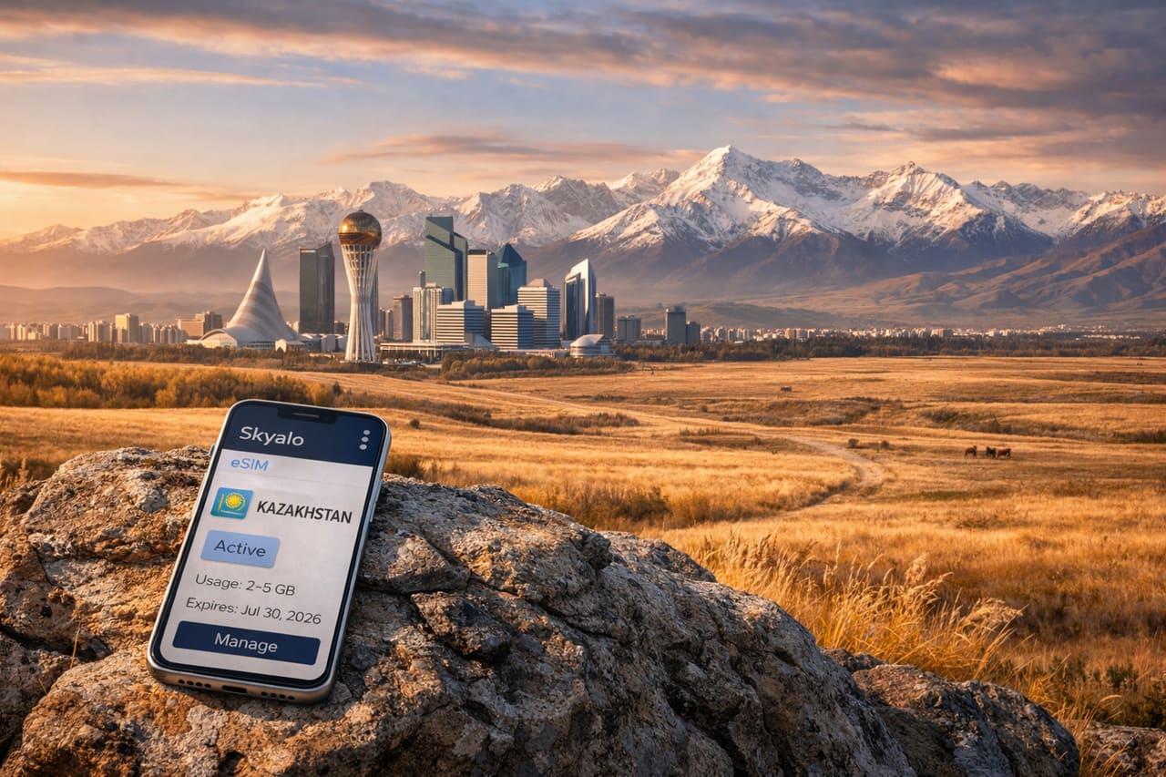 Smartphone con eSIM sullo sfondo dei paesaggi del Kazakistan, delle steppe e dei monti del Tien Shan