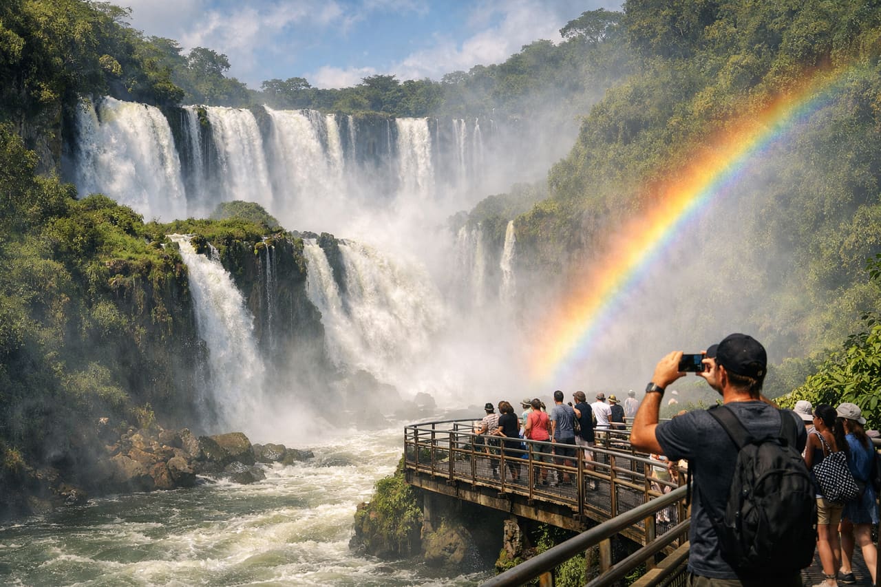 Cascate dell’Iguazú in Argentina con turisti sulla piattaforma che registrano video con uno smartphone con eSIM