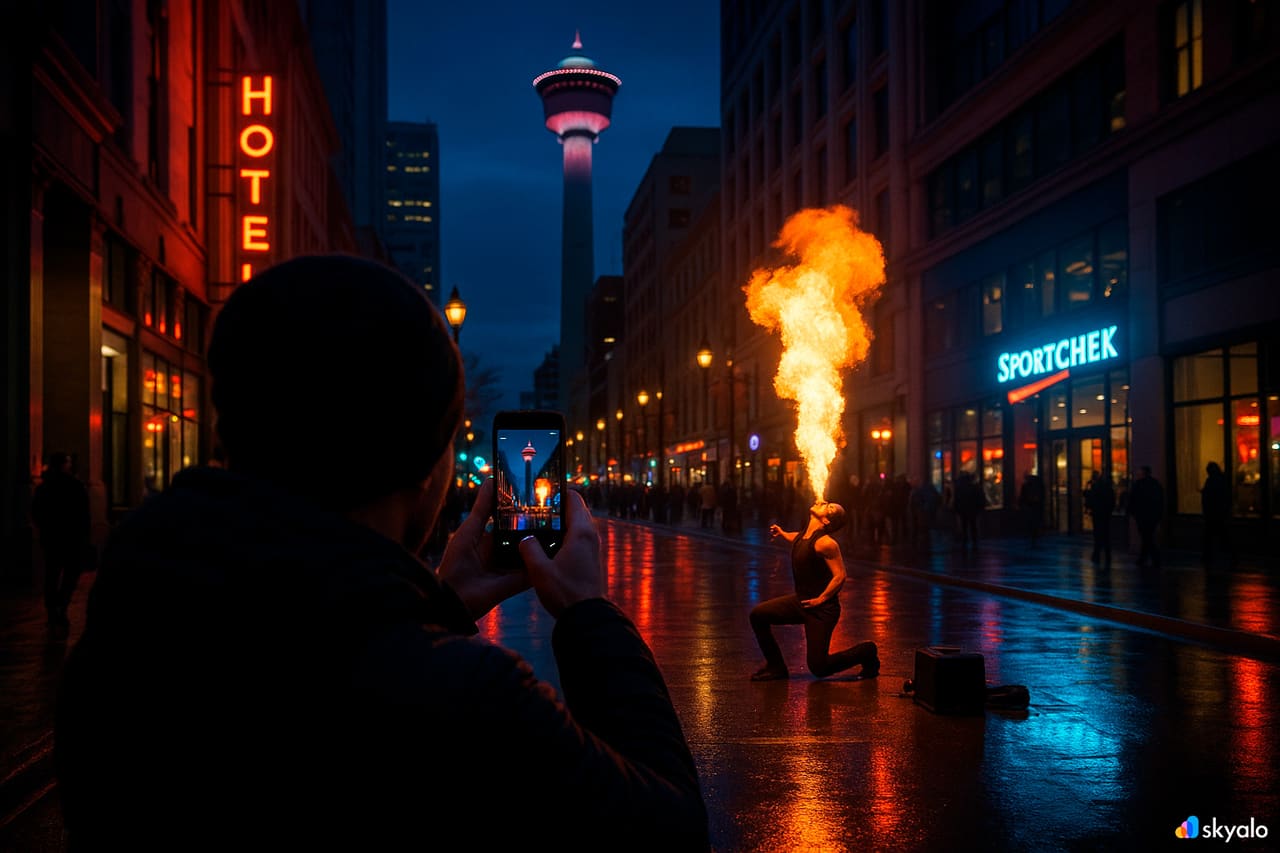 Uomo che fotografa artisti di strada a Calgary; luci al neon che brillano nella foschia del tramonto