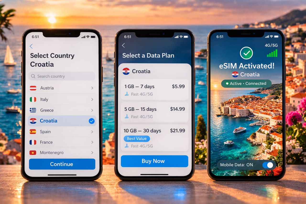 eSIM-Aktivierung für Kroatien auf drei Smartphones – Landauswahl, Tarifauswahl und erfolgreiche Internet-Aktivierung