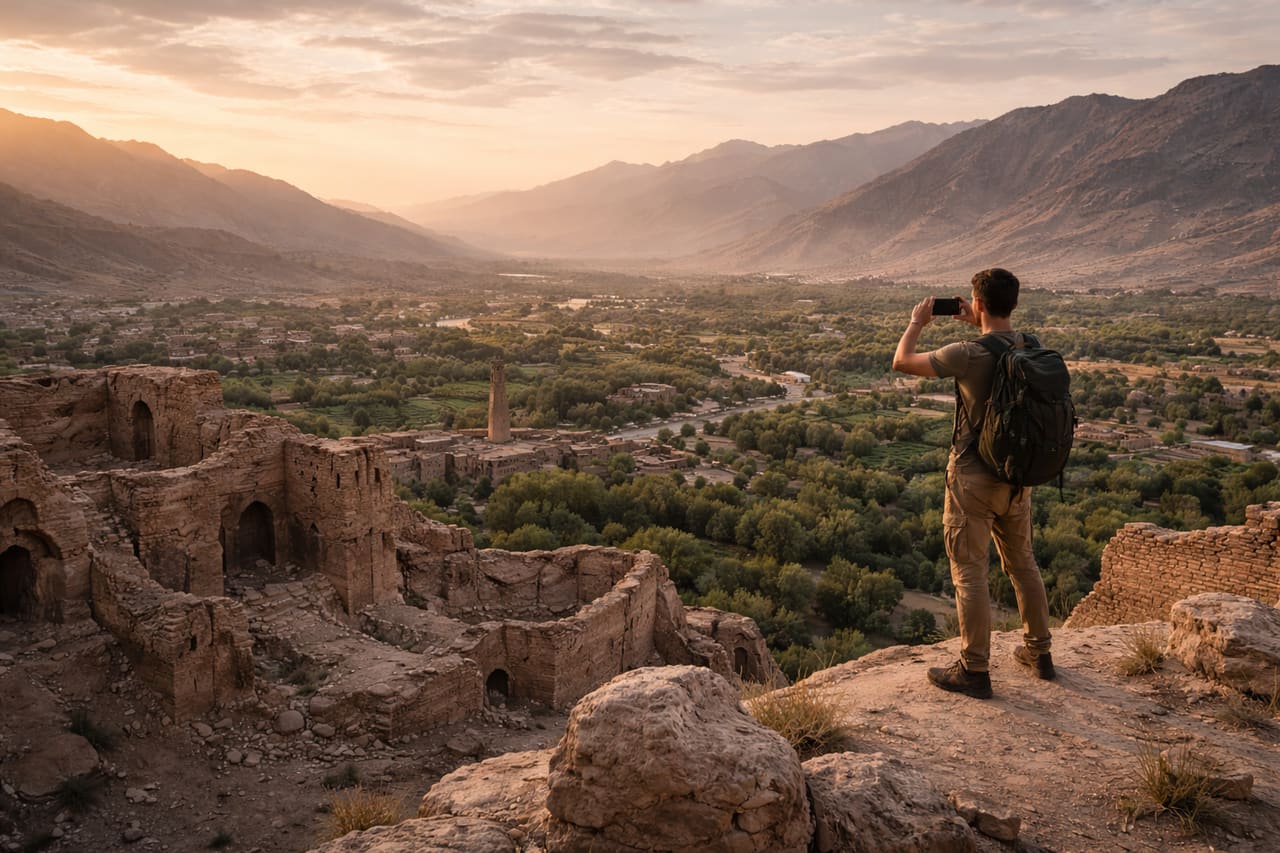 Rovine di Shahr-e Gholghola al tramonto con vista sulla valle, un adolescente scatta una foto panoramica con lo smartphone