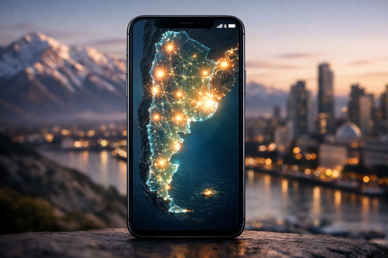 Smartphone con mappa di copertura della rete mobile su tutto il territorio dell’Argentina con segnale attivo