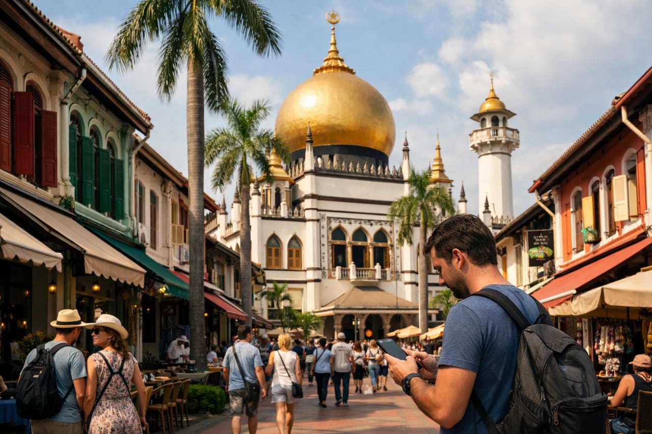 La Moschea del Sultano con cupola dorata nel quartiere Kampong Glam.