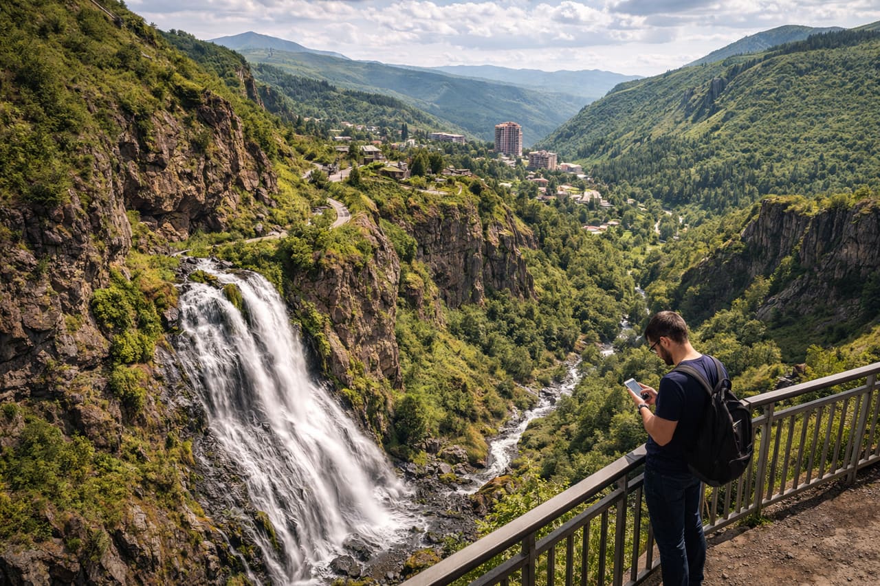 Cascata di Jermuk nelle montagne dell’Armenia con un turista che usa uno smartphone con eSIM per la navigazione