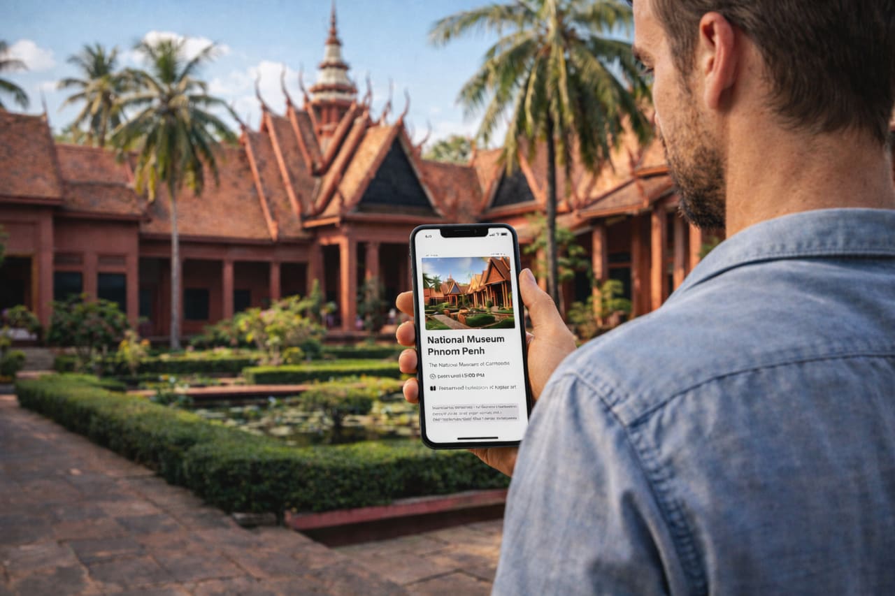 Museo Nazionale della Cambogia e visitatore con telefono con eSIM