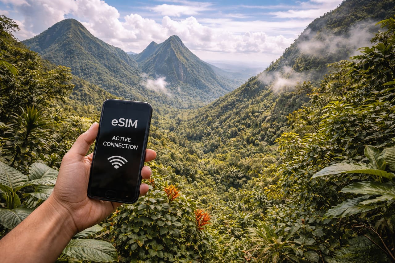Cestovatelé v národním parku Morne Trois Pitons používají smartphone s eSIM internetem