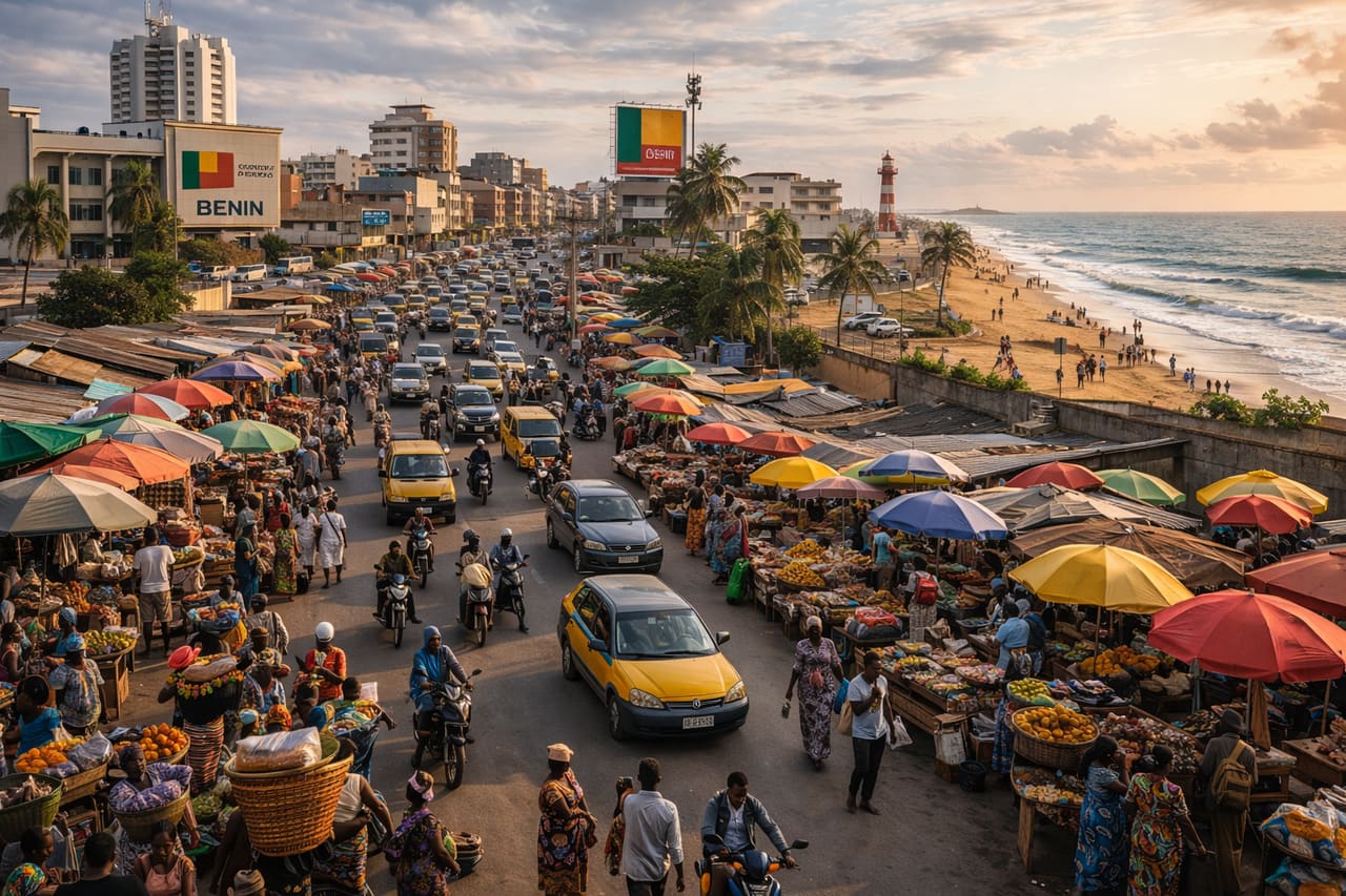 Cotonou i Benin med livlige gader, markeder, kysten ved havet og stemningen i en stor vestafrikansk by