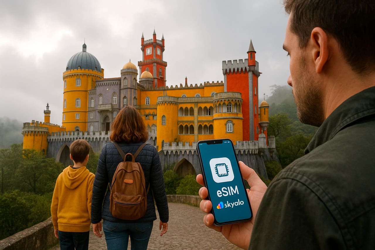 Famiglia al Palácio da Pena a Sintra; eSIM Skyalo attiva, nebbia nel bosco e torri luminose sulla cima