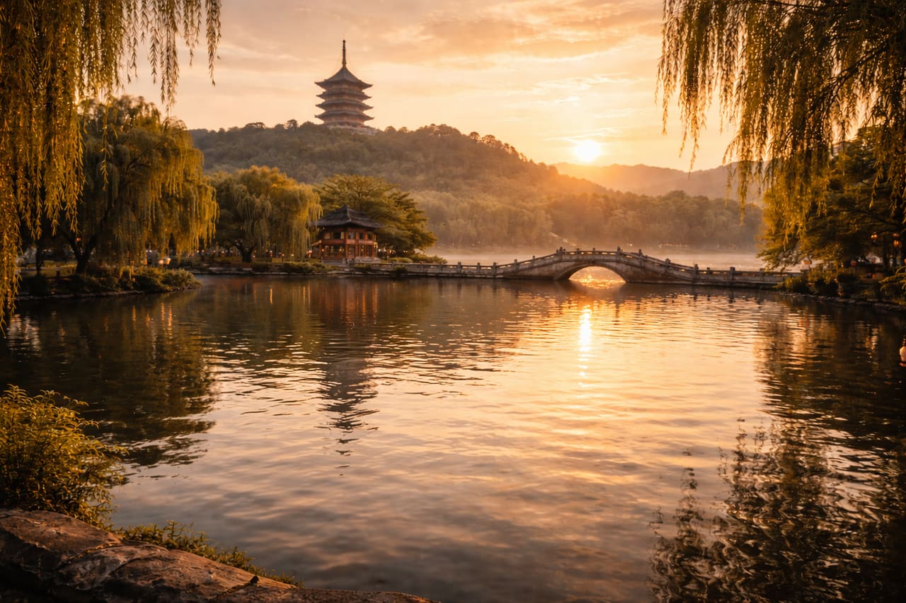 Lago Xihu a Hangzhou e un turista con lo smartphone sul lungolago