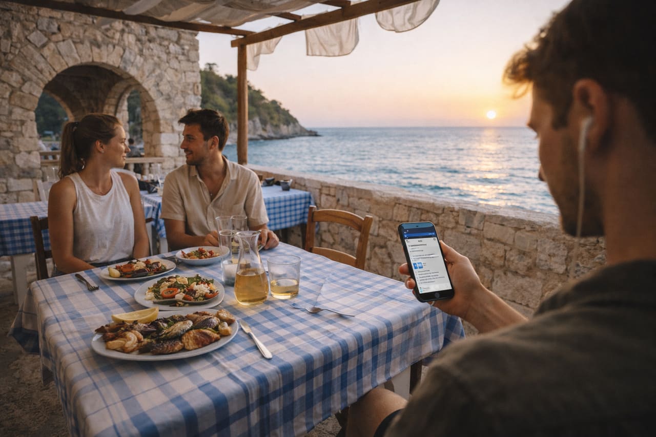 Caffè accogliente in Albania con vista mare e cucina tradizionale