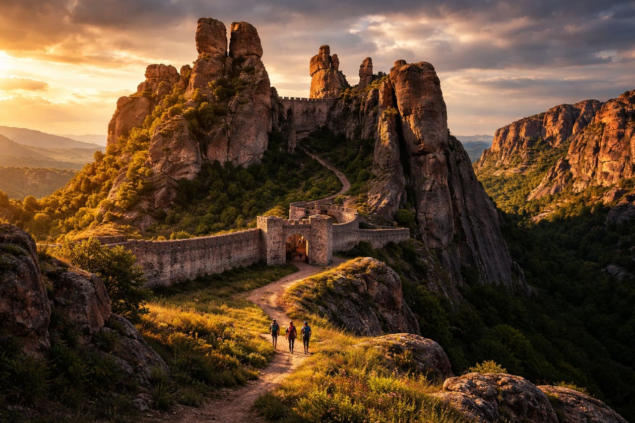 Le rocce di Belogradchik e turisti che esplorano la meraviglia naturale della Bulgaria con eSIM