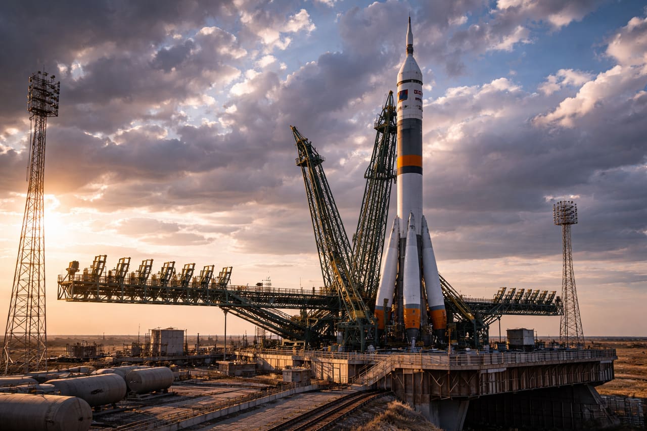 Cosmodromo di Baikonur e rampa di lancio del razzo