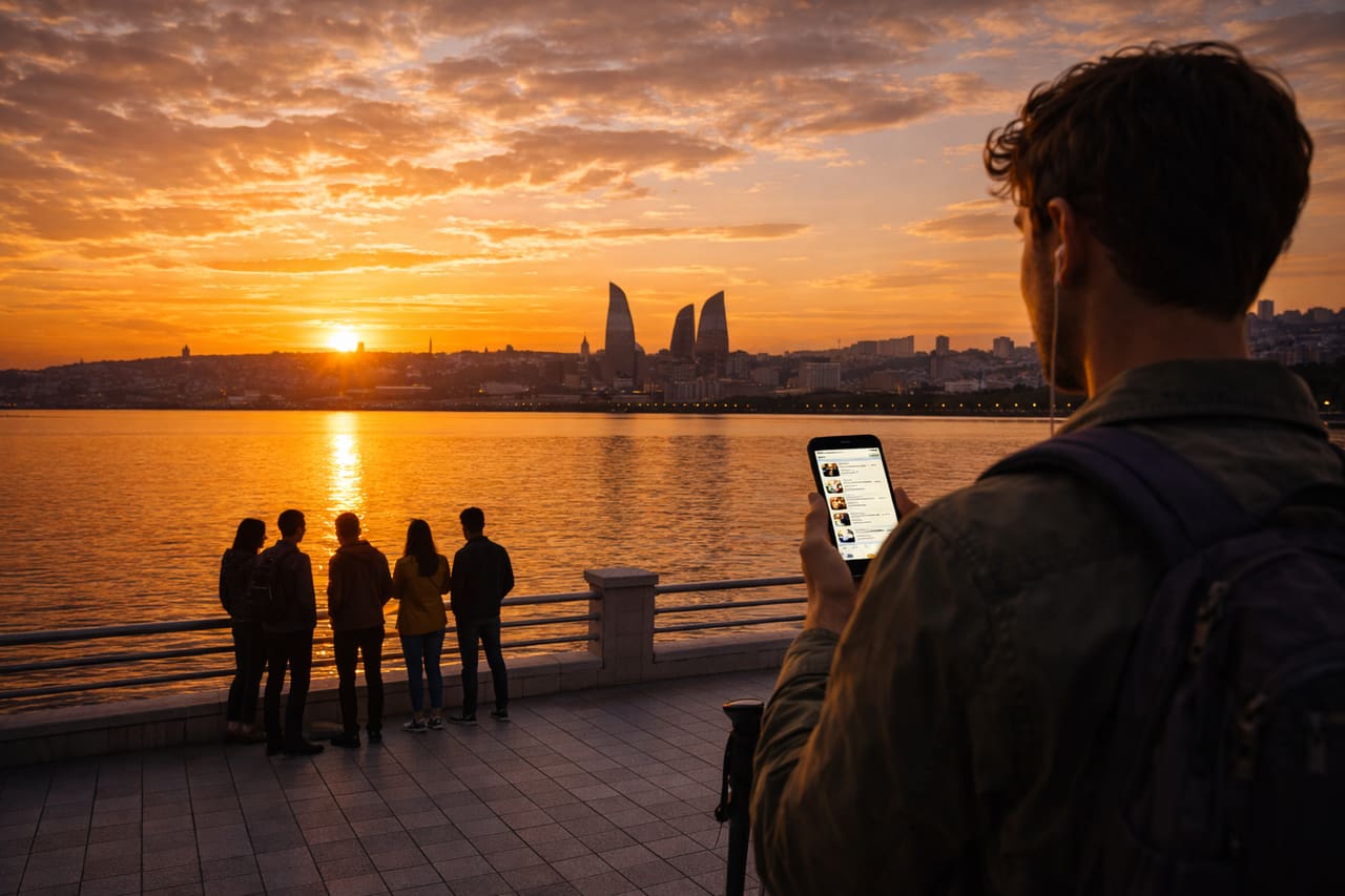 Tramonto sul lungomare del Mar Caspio a Baku