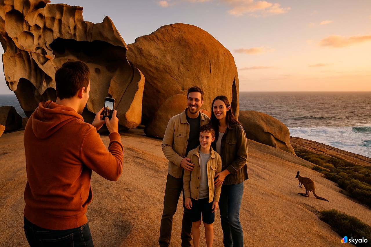 Family at Remarkable Rocks on Kangaroo Island; whimsical rock forms and wild kangaroos