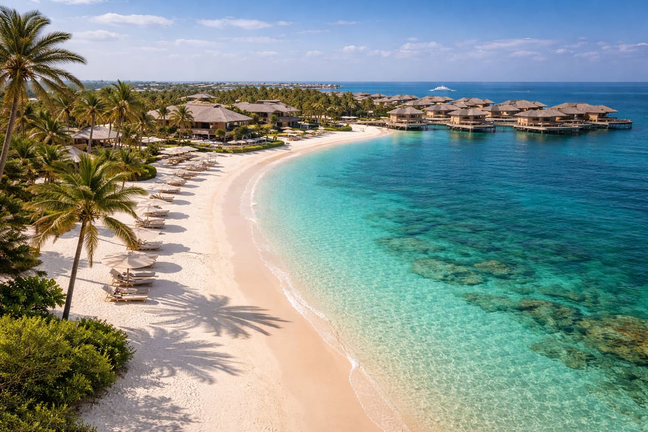 Курортный остров Banana Island с белым пляжем, бирюзовой водой и атмосферой уединённого отдыха