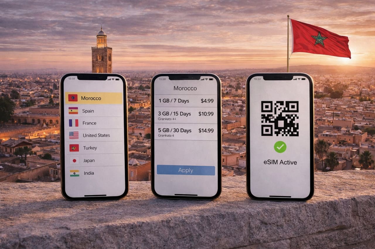 Attivazione della eSIM per il Marocco su smartphone, sullo sfondo del panorama di Marrakech e del minareto della Koutoubia.
