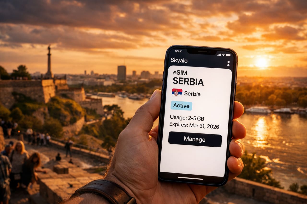 Smartphone con eSIM Skyalo attiva per la Serbia sullo sfondo della panoramica di Belgrado e della Fortezza di Kalemegdan al tramonto.