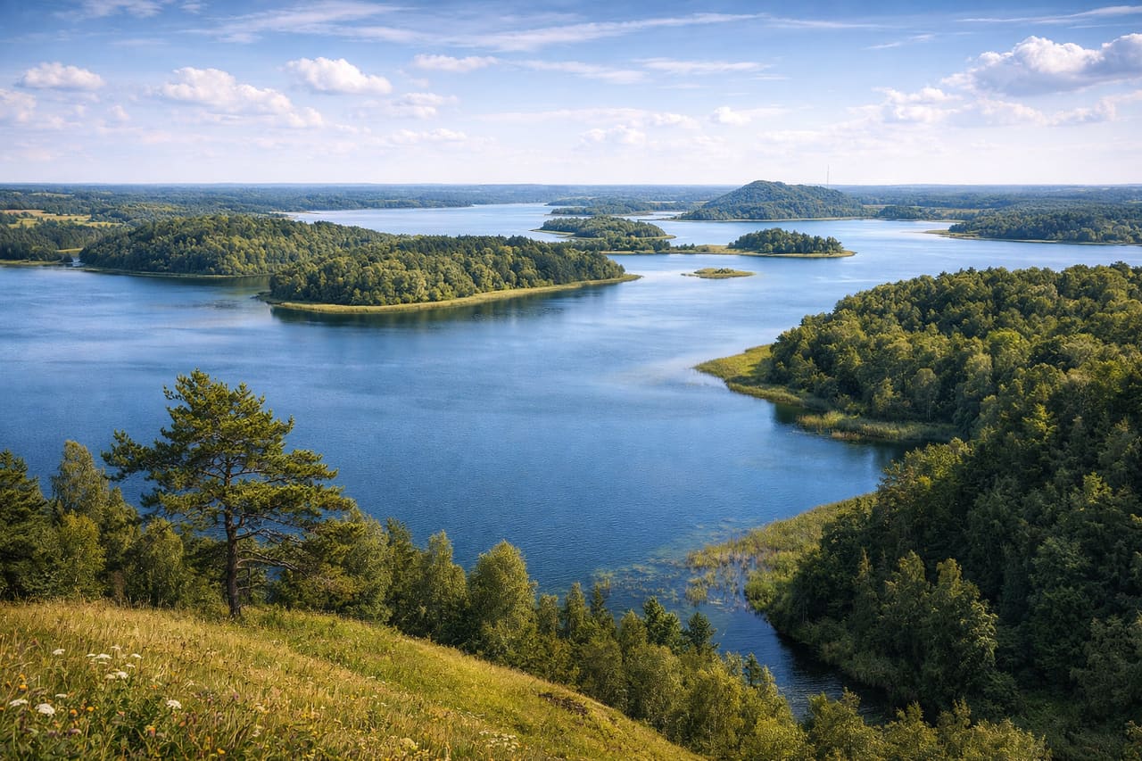 Браславские озёра с голубой водой, холмами и природными панорамами, одно из самых живописных мест Беларуси