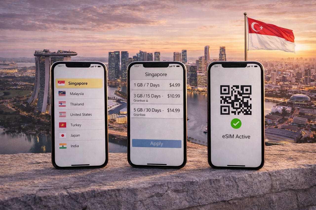 Attivazione di una eSIM per Singapore su smartphone con vista sui grattacieli di Marina Bay.