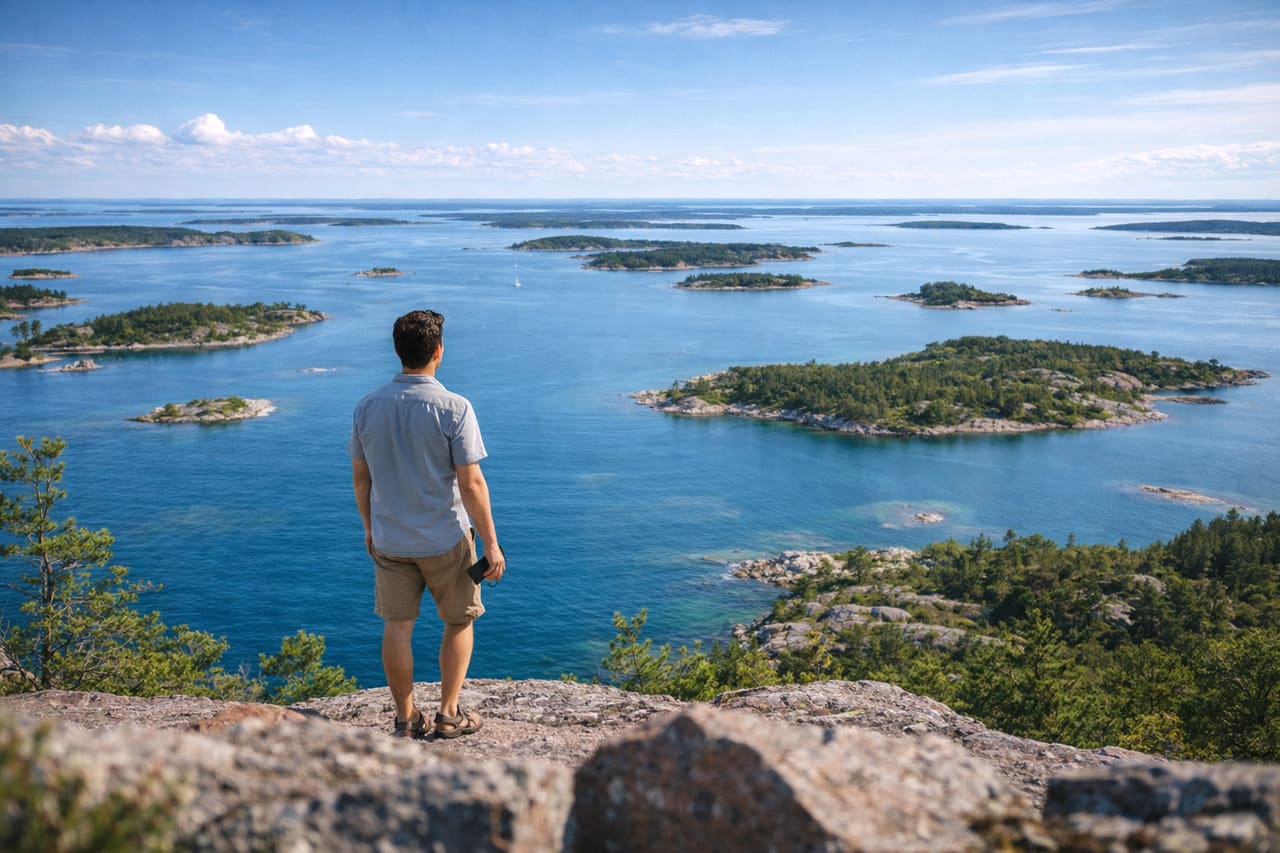 Panorama dell’arcipelago delle Isole Åland dal belvedere di Getabergen e turista con smartphone con eSIM