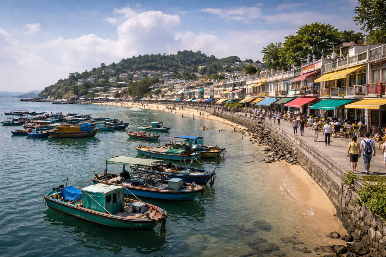 L’isola di Cheung Chau con barche e un villaggio costiero.