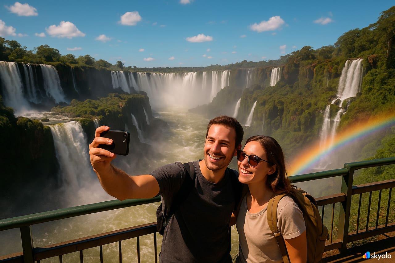 Iguazu Şelaleleri’nde selfie çeken çift, arkalarında sisin içinde gökkuşağı