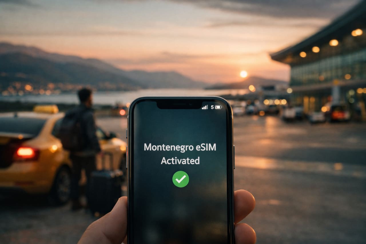 Smartphone con la scritta Montenegro eSIM Activated in aeroporto al tramonto