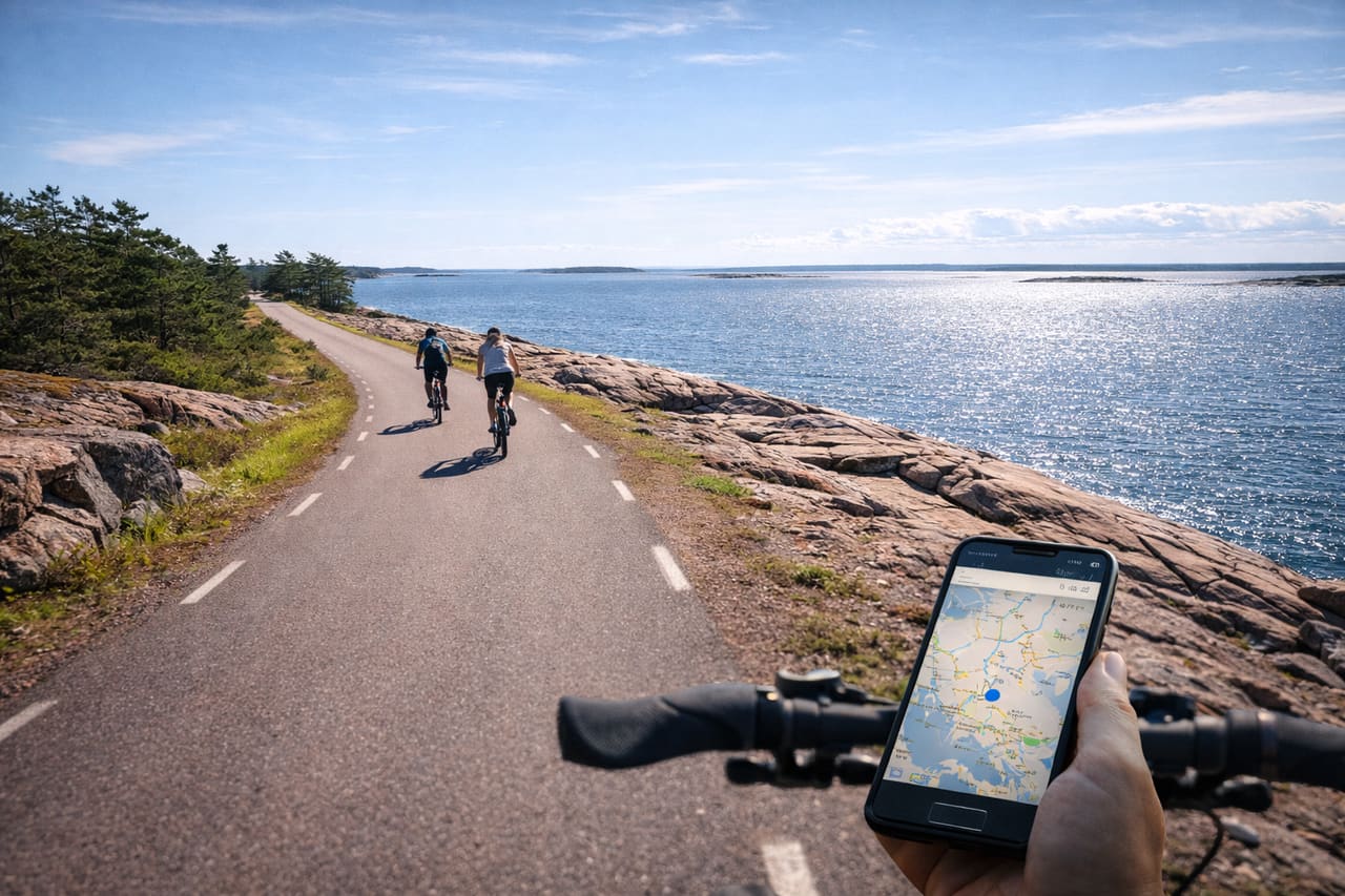 Strada costiera nelle Isole Åland con ciclisti e navigazione tramite eSIM