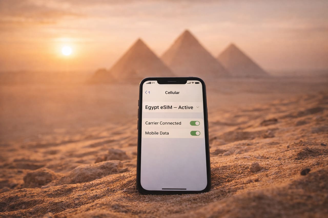 Smartphone con eSIM attiva in Egitto sullo sfondo delle piramidi nel deserto all’alba