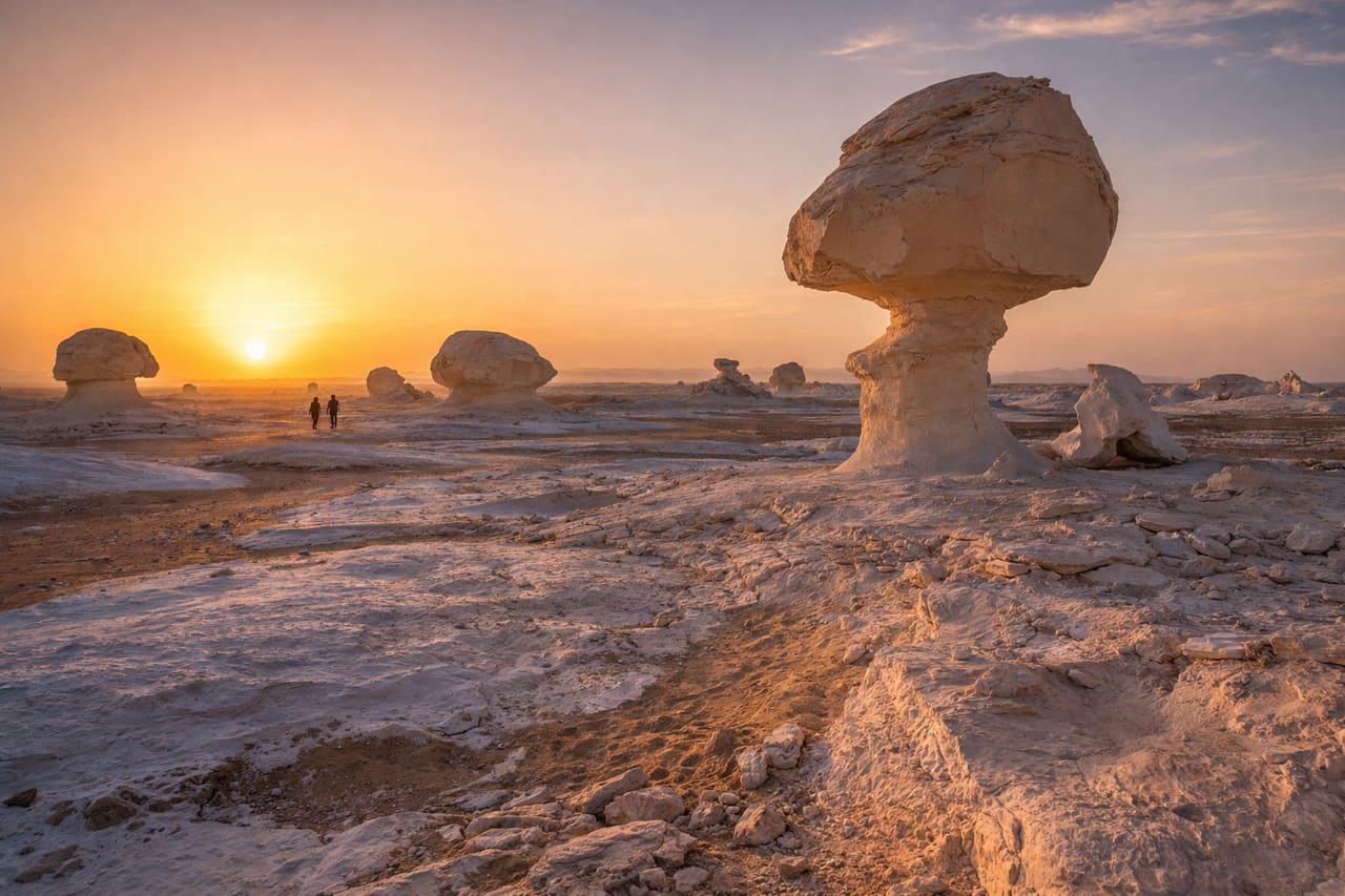 Deserto Bianco d’Egitto con insolite formazioni rocciose e turisti sullo sfondo del paesaggio desertico, viaggio con eSIM