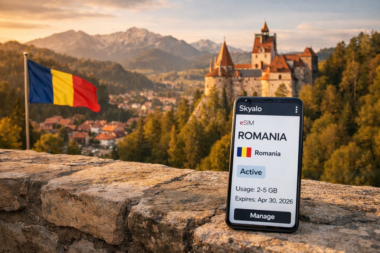 Attivazione della eSIM per internet in Romania su uno smartphone con la mappa del Paese e internet mobile attivo.