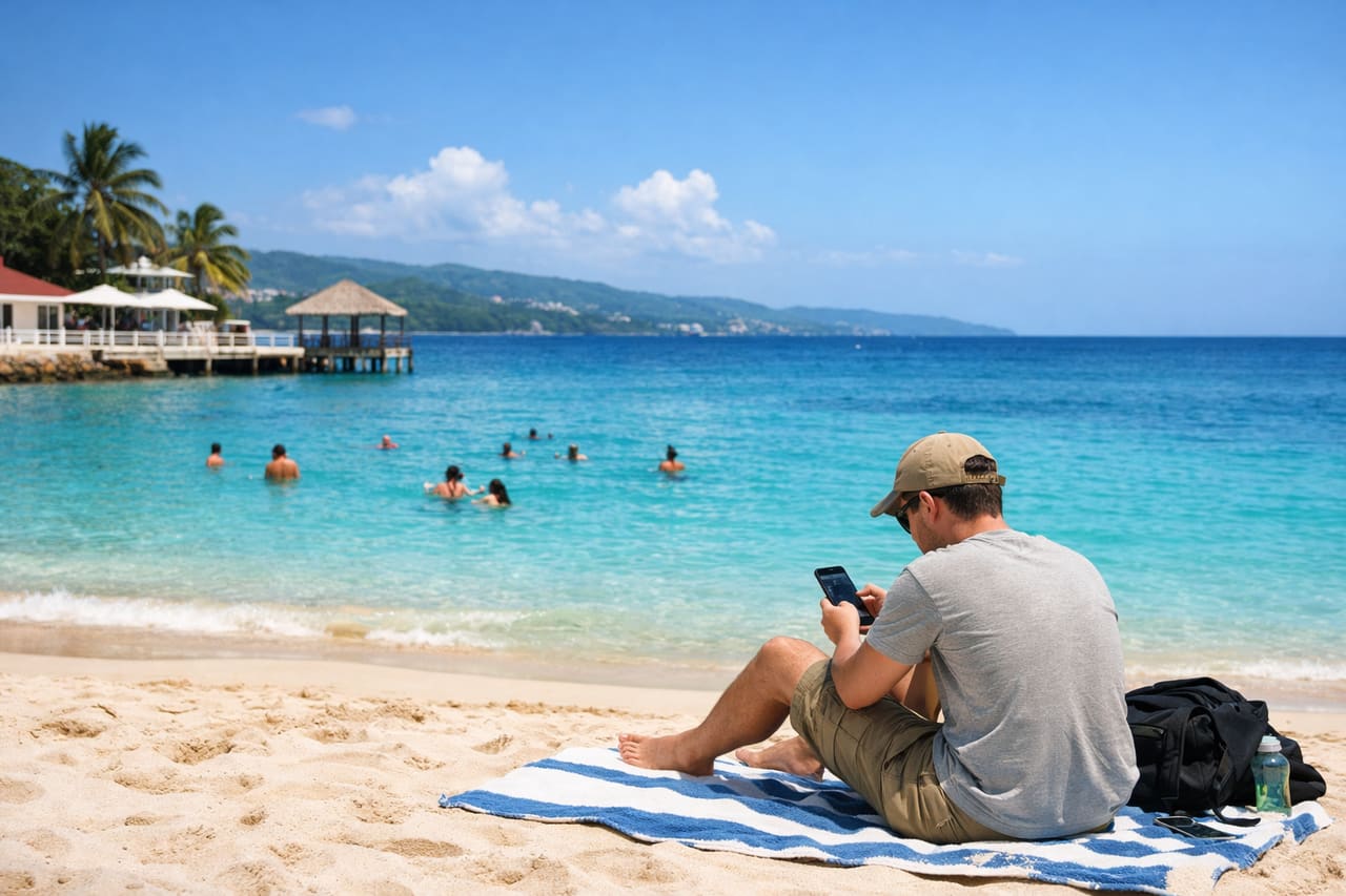 Doctor’s Cave Beach a Montego Bay: bagnanti a metà scena, uno scorre il telefono