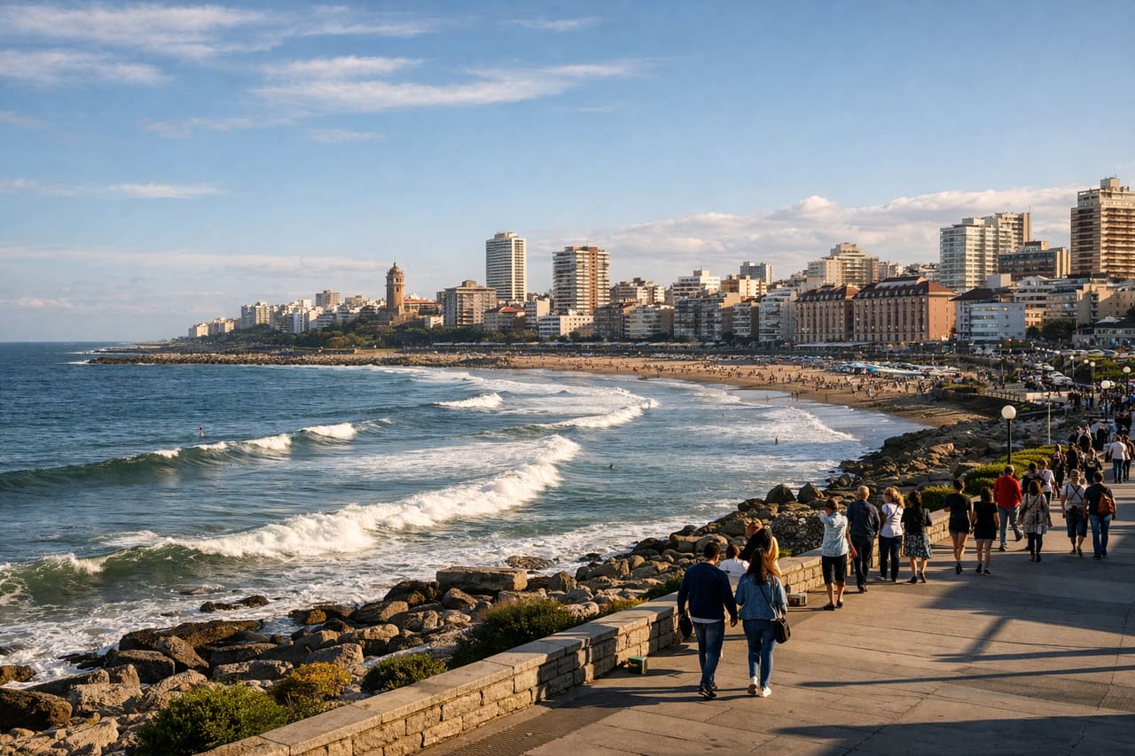 Mar del Plata e costa oceanica con turista che controlla il meteo online